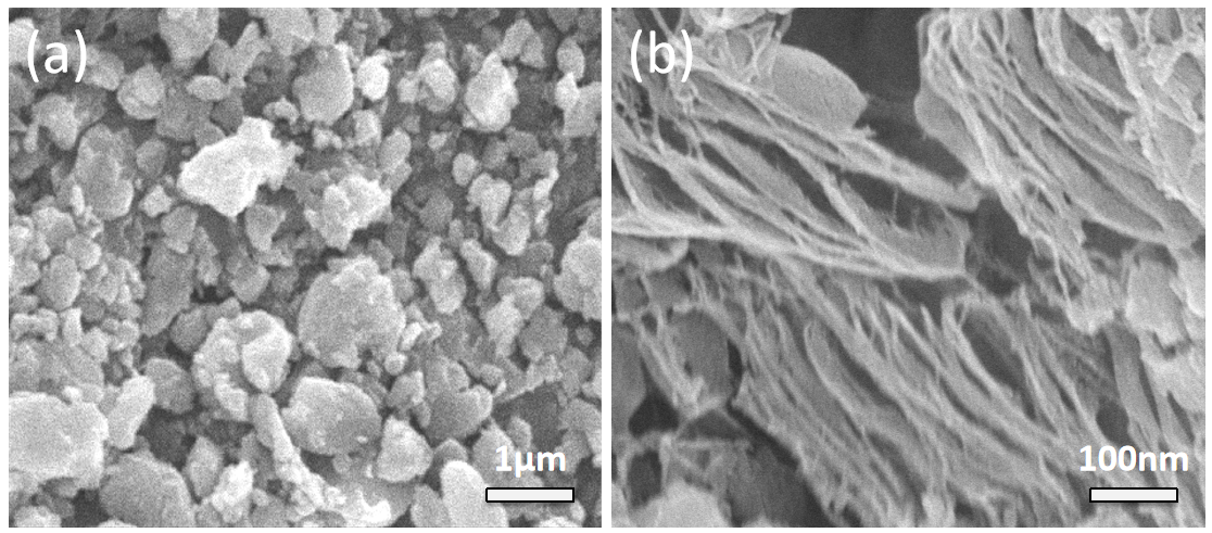 SEM images of the (a) bulk-g-C3N4 and (b)  2D  g-C3N4 nanoplates photocatalysts